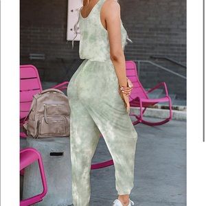 Green Tie Dye Drawstring Jumpsuit